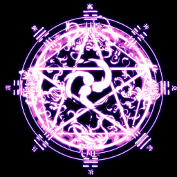 patchouli knowledge, immaterial and missing power, touhou, lowres, female focus, magic circle, mitsudomoe (shape), no humans, pentagram, spell card, tomoe (symbol), trigram