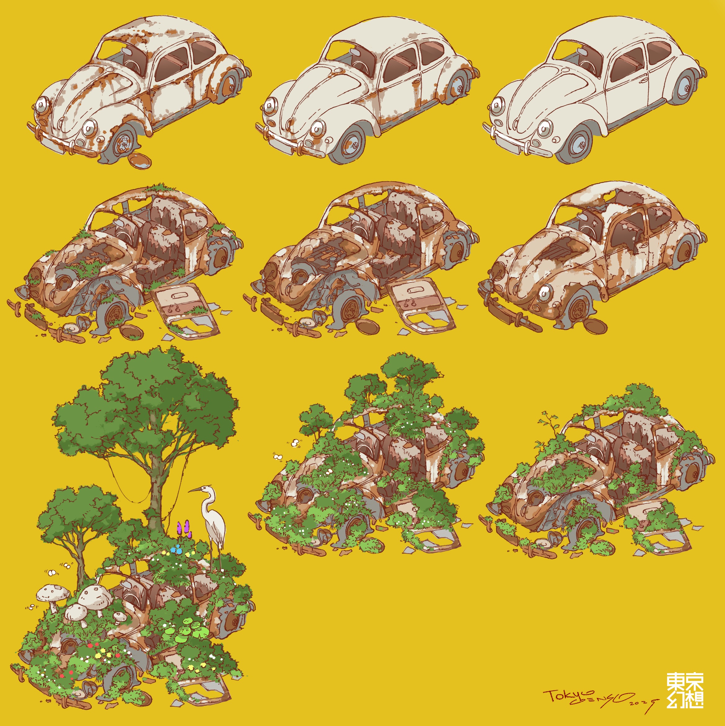 tokyogenso, original, volkswagen, animal request, commentary request, highres, vehicle request, 2025, abandoned, animal, bird, car, dilapidated, motor vehicle, mushroom, no humans, overgrown, post-apocalypse, rust, signature, simple background, tree, vehicle focus, volkswagen beetle, wreckage, yellow background