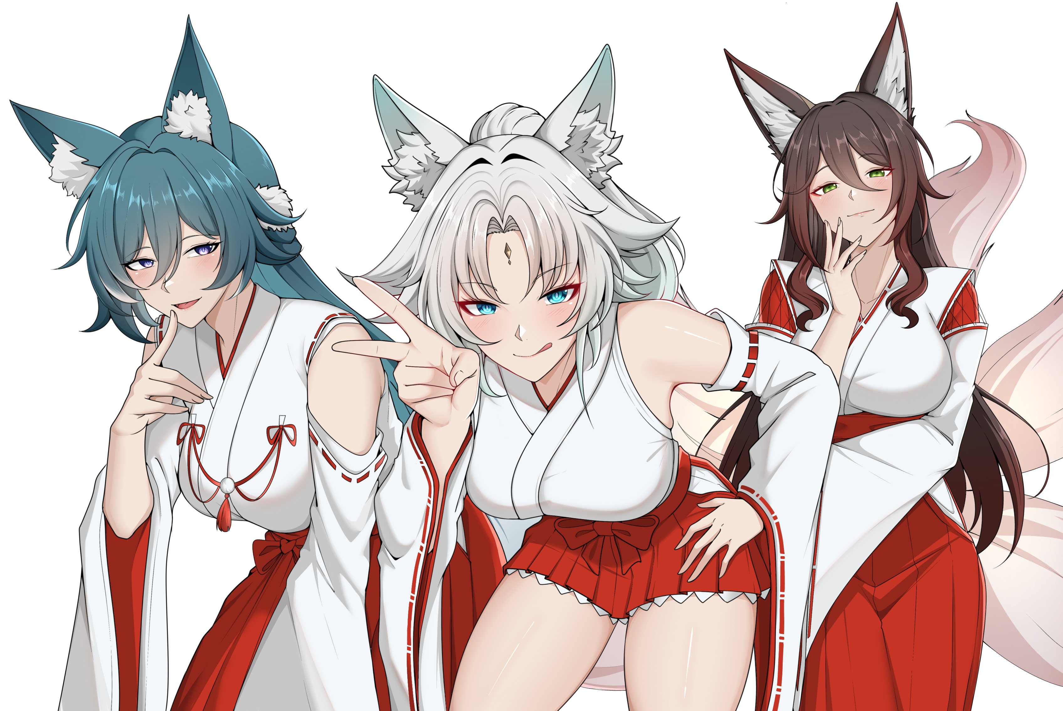 centauri-d, feixiao (honkai: star rail), fugue (honkai: star rail), tingyun (honkai: star rail), yukong (honkai: star rail), honkai: star rail, honkai (series), absurdres, commission, highres, second-party source, 3girls, alternate costume, animal ears, brown hair, fox ears, fox tail, green eyes, licking lips, long hair, looking at viewer, multiple girls, nontraditional miko, simple background, smile, tail, tongue, tongue out, white background, white hair