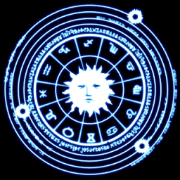 kirisame marisa, immaterial and missing power, touhou, lowres, aquarius (symbol), aries (symbol), blue theme, cancer (symbol), capricorn (symbol), female focus, gemini (symbol), leo (symbol), libra (symbol), magic circle, monochrome, no humans, pisces (symbol), sagittarius (symbol), scorpio (symbol), spell card, sun, taurus (symbol), virgo (symbol), zodiac