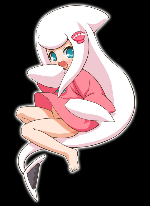 gambler club, puu, net ghost pipopa, 00s, 1girl, ahoge, aqua eyes, bare legs, barefoot, black background, blue eyes, blush, bottomless, feet, female focus, full body, green eyes, hair ornament, hand to own mouth, loli, long hair, long sleeves, no pants, open mouth, personification, seashell, shell, shell hair ornament, shirt, simple background, solo, tail, very long hair, white hair, wind, wind lift