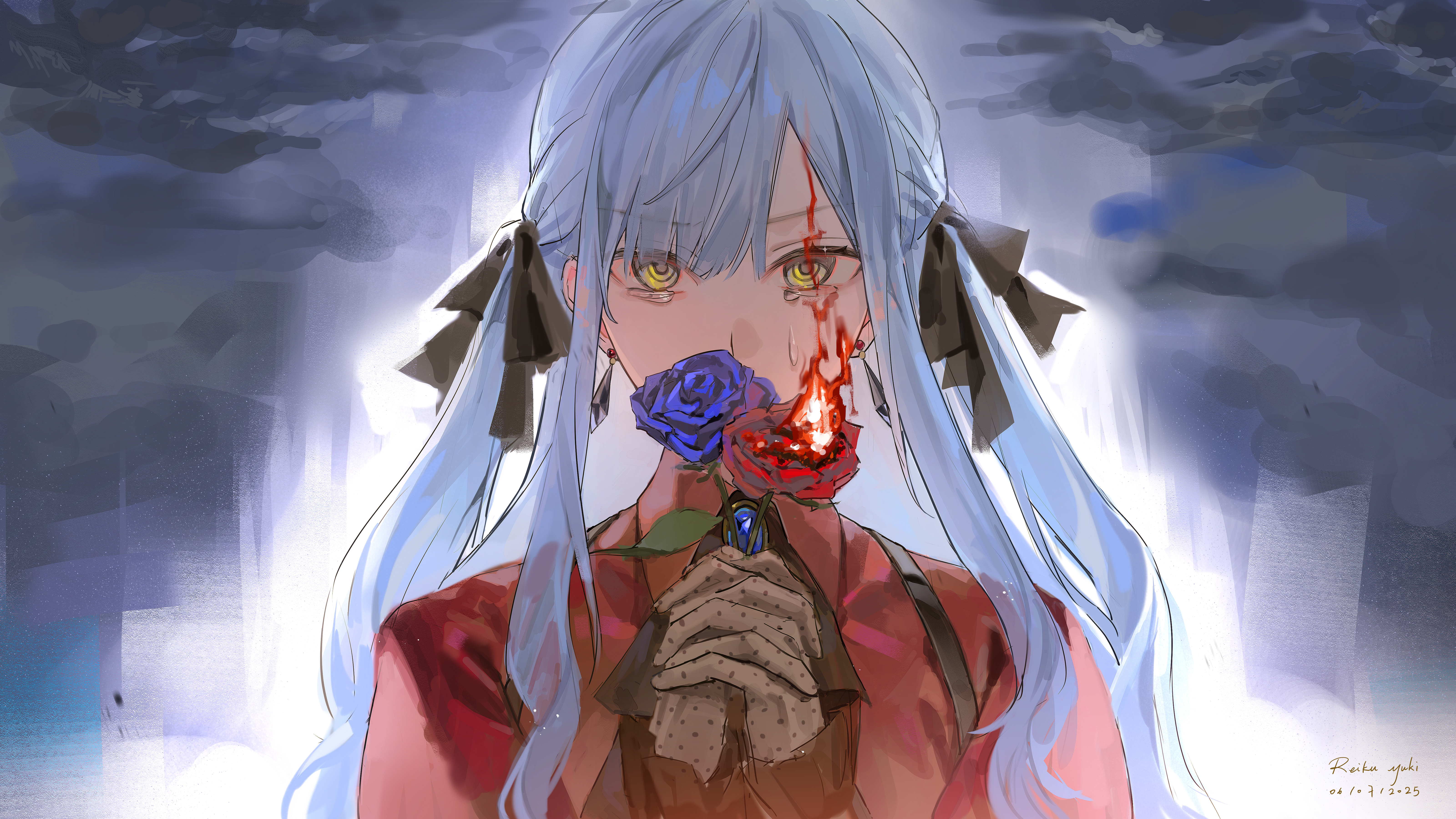 lingjiu yuki, oblivionis (bang dream!), togawa sakiko, bang dream!, bang dream! it's mygo!!!!!, absurdres, highres, 1girl, blue flower, blue hair, blue rose, brooch, dated, fire, flower, hair ribbon, holding, holding flower, jewelry, long hair, red flower, red rose, red shirt, ribbon, rose, shirt, sidelocks, solo, upper body, yellow eyes