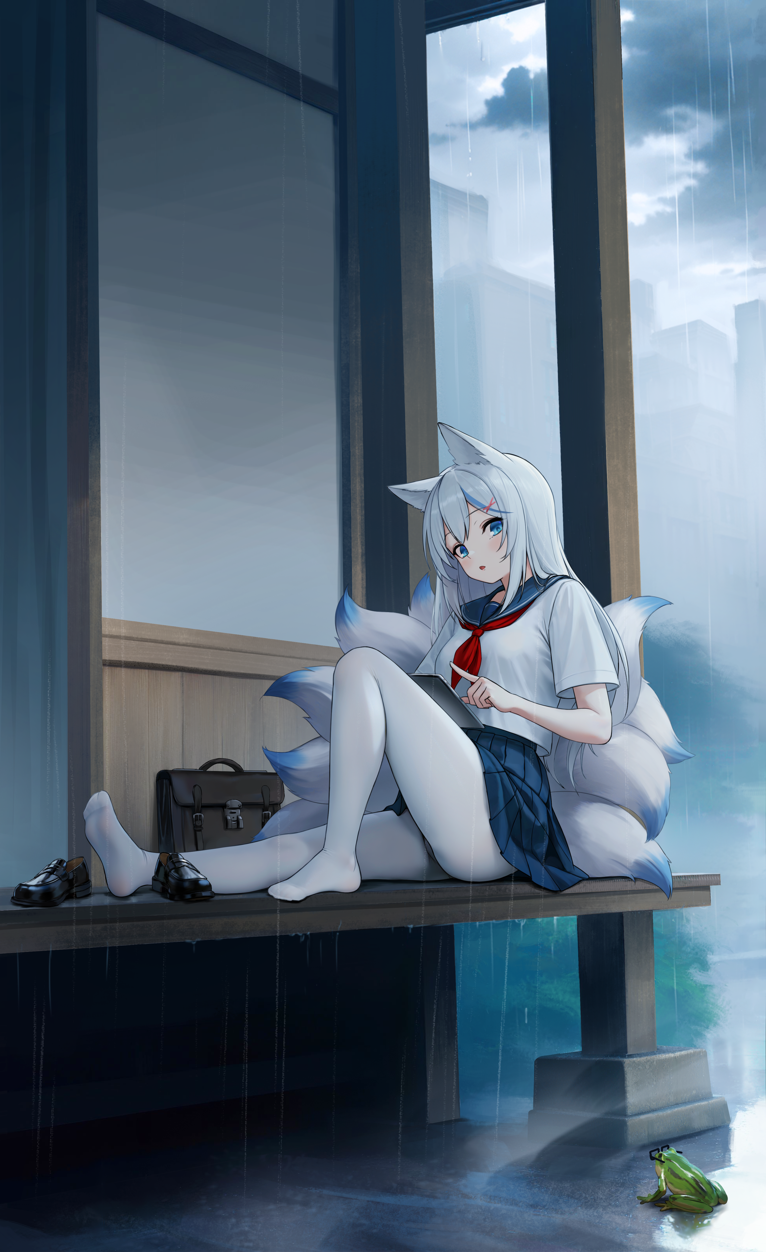 kumachi (aikawaakeya), original, absurdres, highres, 1girl, animal ear fluff, animal ears, backpack, bag, blush, breasts, fox ears, fox tail, frog, kitsune, kyuubi, loafers, long hair, looking at viewer, medium breasts, multiple tails, necktie, open mouth, outdoors, pantyhose, pleated skirt, rain, red necktie, sailor collar, school uniform, shirt, shirt overhang, shoes, short sleeves, sitting, skirt, solo, tail, very long hair, white hair, white pantyhose, white shirt
