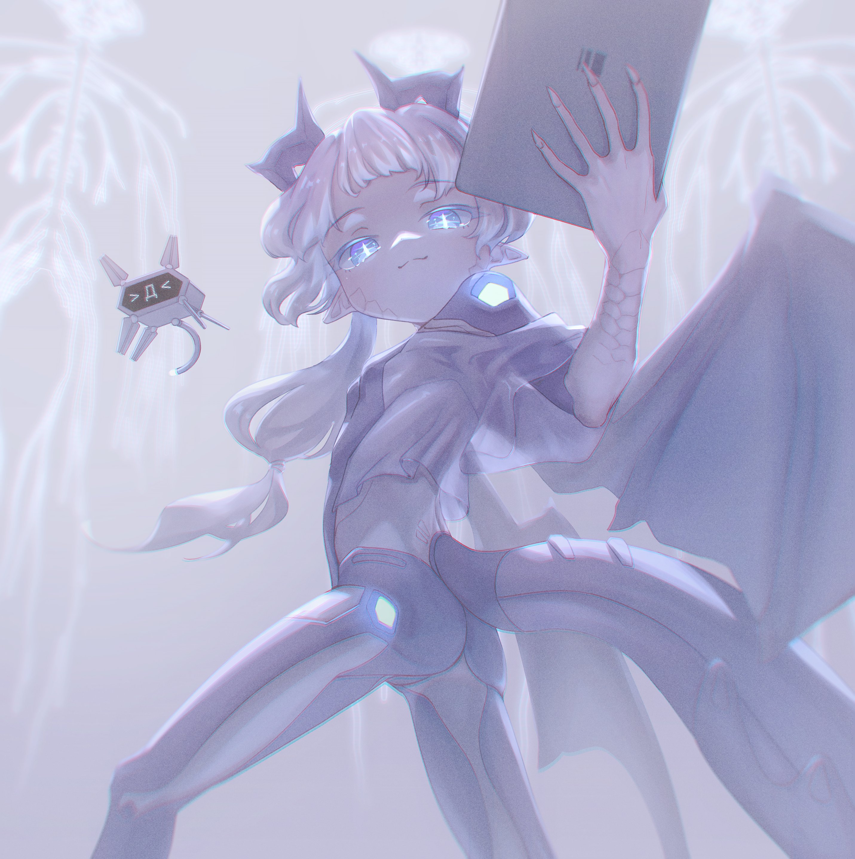captaintcher, original, absurdres, highres, 1girl, ass, blue eyes, dragon girl, dragon horns, dragon tail, flat chest, holographic interface, horns, long hair, looking at viewer, robot, science fiction, smile, tail, white hair