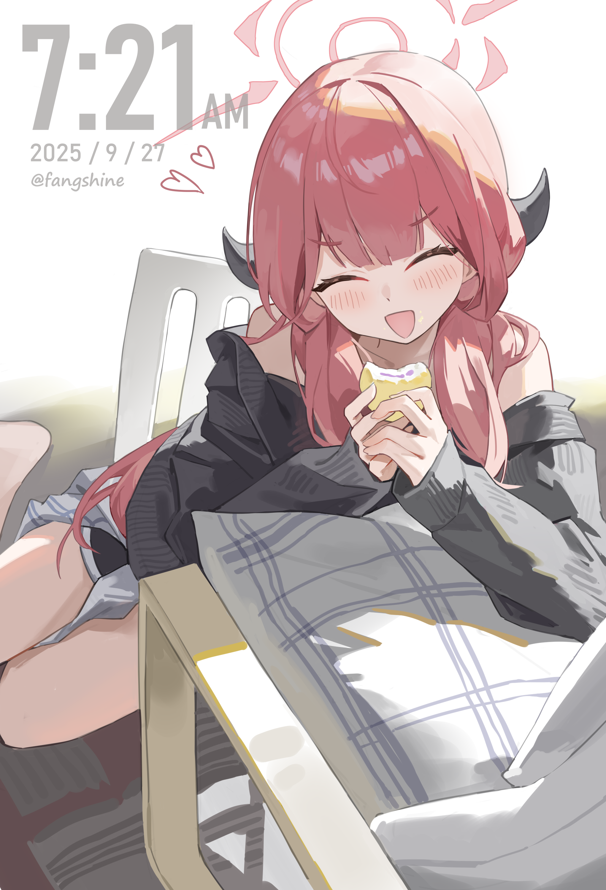 fang5hine, aru (blue archive), blue archive, absurdres, commentary request, highres, 1girl, alternate costume, black horns, black sweater, blush, closed eyes, dated, food, halo, heart, holding, holding food, horns, long hair, long sleeves, open mouth, pink hair, pink halo, sitting, smile, solo, sweater, timestamp, twitter username, yokozuwari
