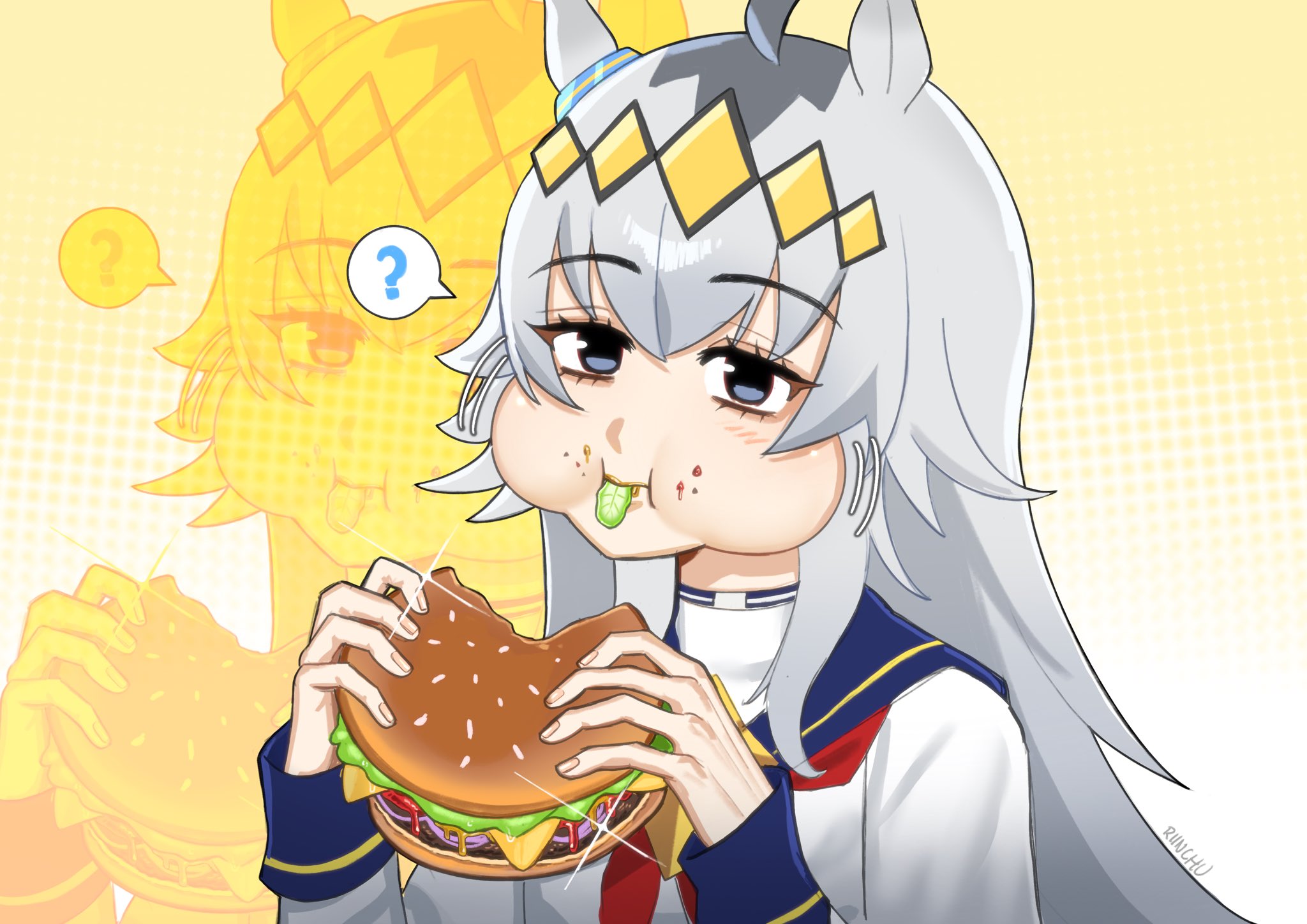 riinchu, oguri cap (starlight beat) (umamusume), oguri cap (umamusume), umamusume, highres, 1girl, ?, ahoge, animal ears, blue eyes, blue sailor collar, brooch, burger, cheek bulge, crumbs, ear ornament, eating, food, food on face, grey hair, hair between eyes, hair ornament, hairband, holding, holding burger, holding food, horse ears, horse girl, jacket, jewelry, long hair, long sleeves, multicolored hair, neckerchief, red neckerchief, sailor collar, shirt, solo, speech bubble, star brooch, upper body, white jacket, white shirt, zoom layer