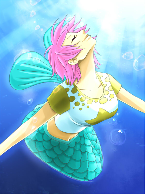 miura, camie (one piece), one piece, 1girl, alternate color, bubble, closed eyes, female focus, fins, happy, light rays, lips, looking up, mermaid, midriff, monster girl, navel, outstretched arms, pink hair, raglan sleeves, scales, shirt, short hair, smile, solo, spread arms, sunbeam, sunlight, swimming, t-shirt, underwater