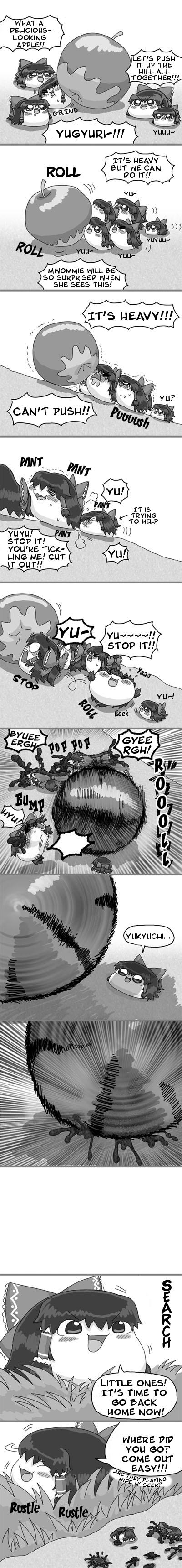 clammbon, hakurei reimu, touhou, absurdres, hard-translated, highres, long image, tall image, third-party edit, translated, apple, bad end, comic, death, english text, food, fruit, greyscale, guro, koyukkuri, monochrome, red bean paste, yukkuri shiteitte ne