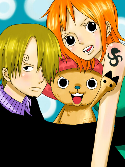 miura, nami (one piece), sanji (one piece), tony tony chopper, one piece, pink headwear, 1boy, 1girl, animal, brown hair, camisole, collared shirt, formal clothes, hair over one eye, hat, orange hair, purple shirt, reindeer, shirt, suit, tattoo, waving