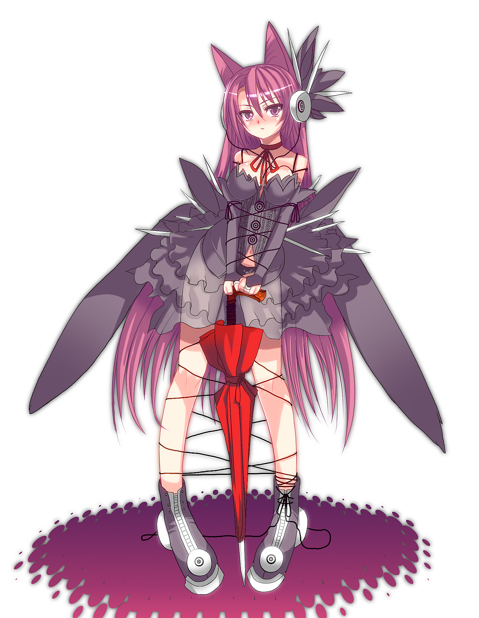 char, johnny funamushi, original, bad id, bad pixiv id, highres, animal ears, blush, choker, frills, hair ornament, headphones, long hair, midriff, pink eyes, pink hair, purple eyes, purple hair, see-through clothes, skirt, solo, umbrella, very long hair