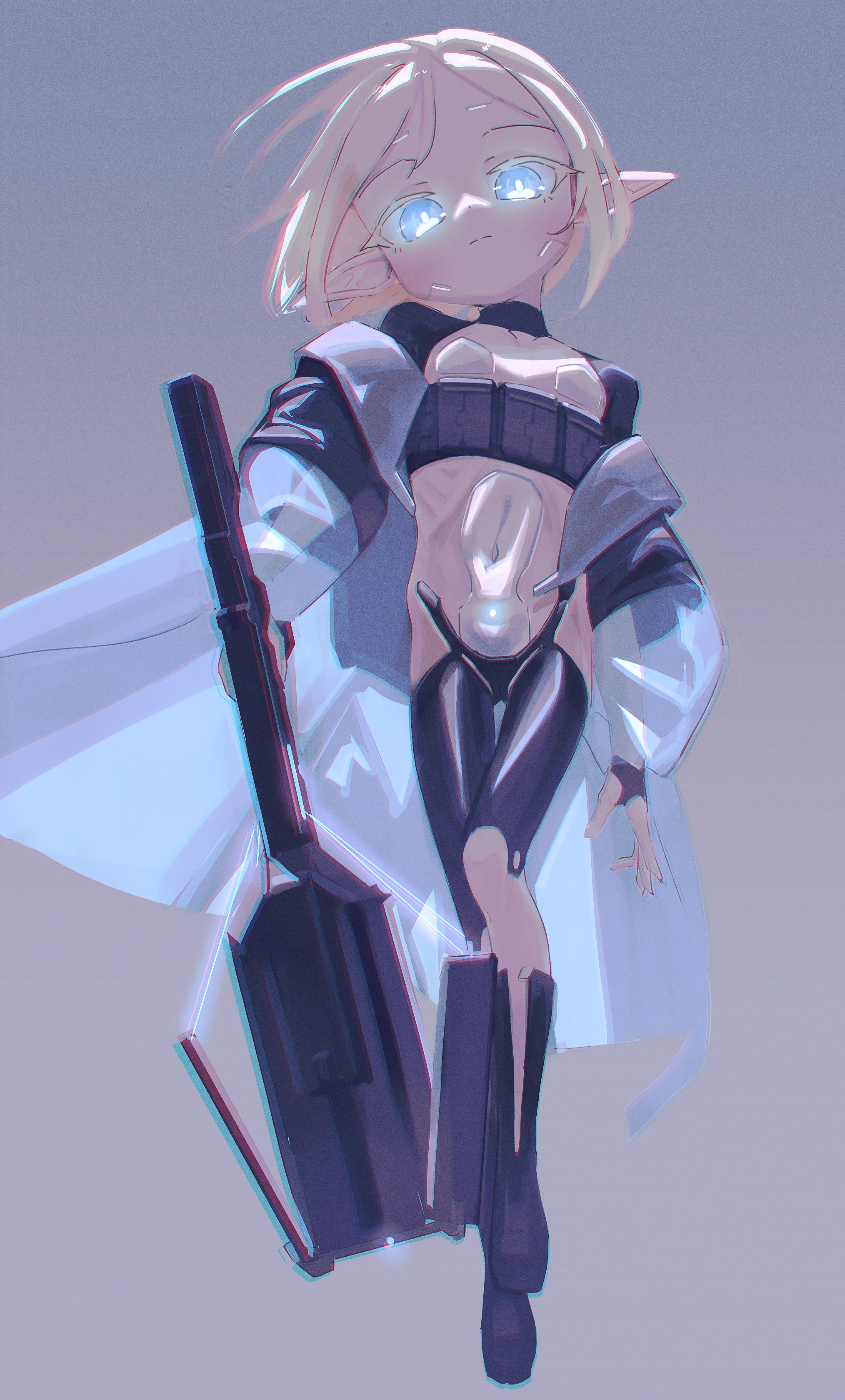 captaintcher, original, absurdres, highres, 1girl, android, blonde hair, blue eyes, coat, expressionless, flat chest, full body, glowing, glowing eyes, holding, holding weapon, looking at viewer, pointy ears, sketch, solo, weapon