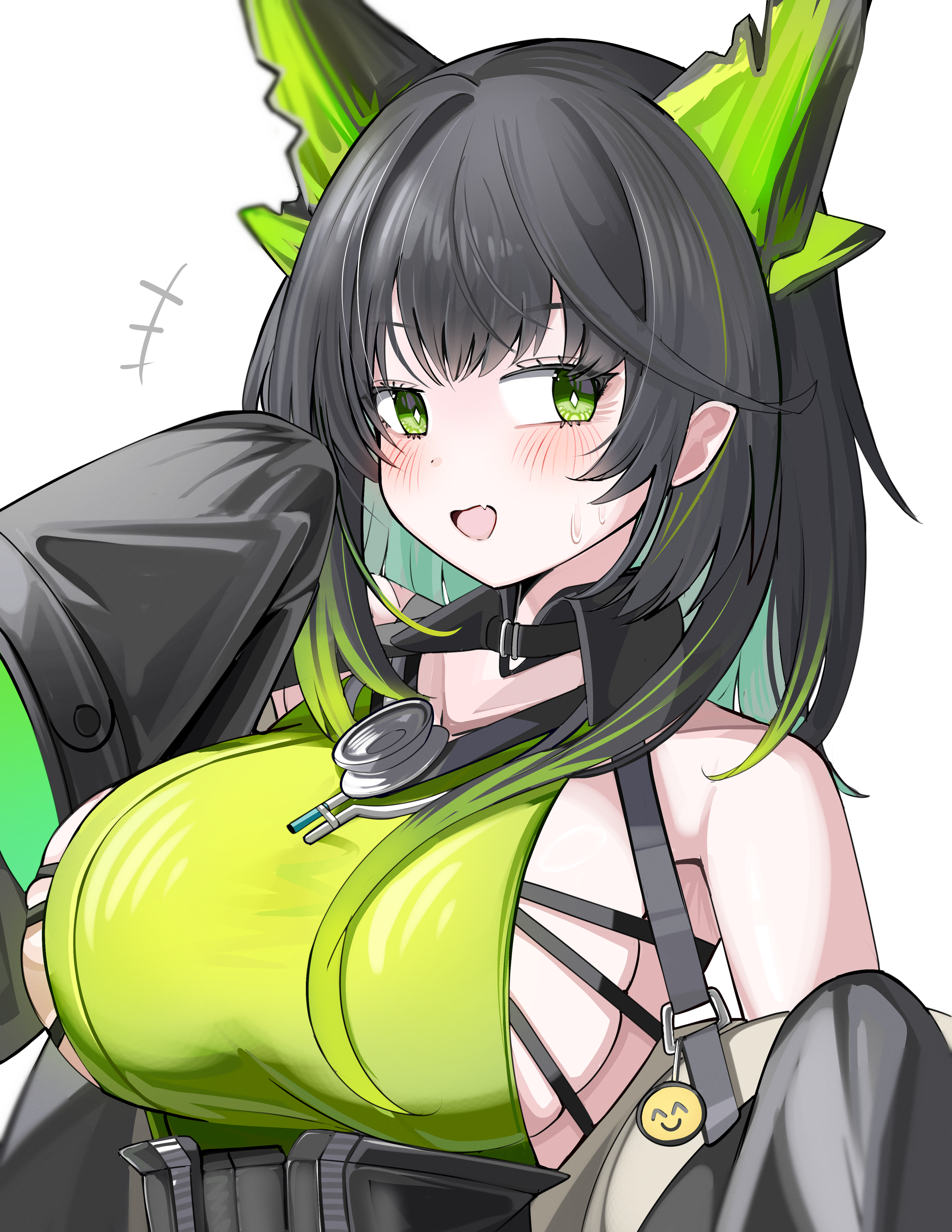 spam (spamham4506), mon3tr (arknights), arknights, absurdres, highres, +++, 1girl, :d, bare shoulders, black hair, blue hair, blush, breasts, dress, fang, green dress, green eyes, green hair, grey jacket, hand up, jacket, large breasts, long sleeves, looking at viewer, multicolored hair, off shoulder, open clothes, open jacket, open mouth, sideboob, simple background, skindentation, sleeveless, sleeveless dress, sleeves past fingers, sleeves past wrists, smile, solo, streaked hair, sweat, two-tone hair, white background
