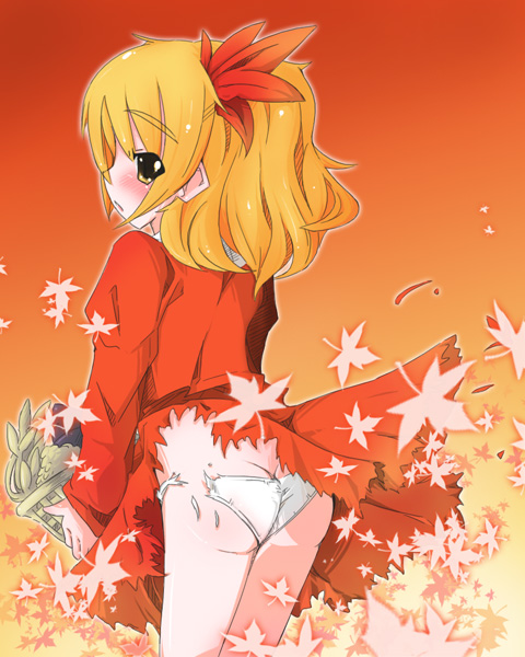 naik, aki shizuha, touhou, 1girl, ass, blonde hair, blush, female focus, hair ornament, leaf, leaf hair ornament, looking back, panties, short hair, solo, torn clothes, underwear, yellow eyes