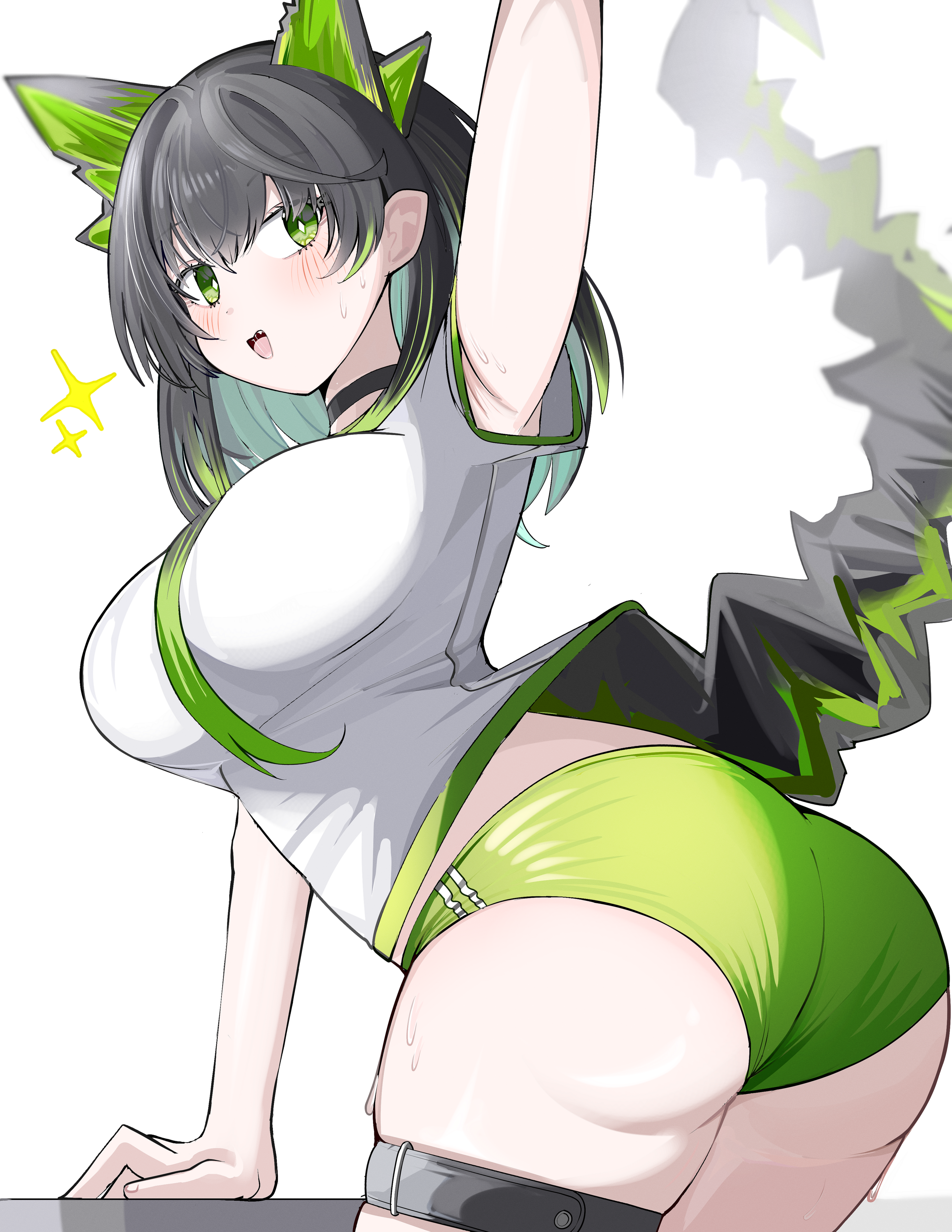 spam (spamham4506), mon3tr (arknights), arknights, absurdres, highres, 1girl, :d, arm support, arm up, armpit peek, ass, belt, black belt, black choker, black hair, blue hair, blush, breasts, buruma, choker, fang, from side, green buruma, green eyes, green hair, hair between eyes, large breasts, looking at viewer, looking to the side, multicolored hair, open mouth, shirt, short sleeves, simple background, skindentation, smile, solo, sparkle, streaked hair, sweat, tail, thigh belt, thigh strap, twisted torso, two-tone hair, white background, white shirt