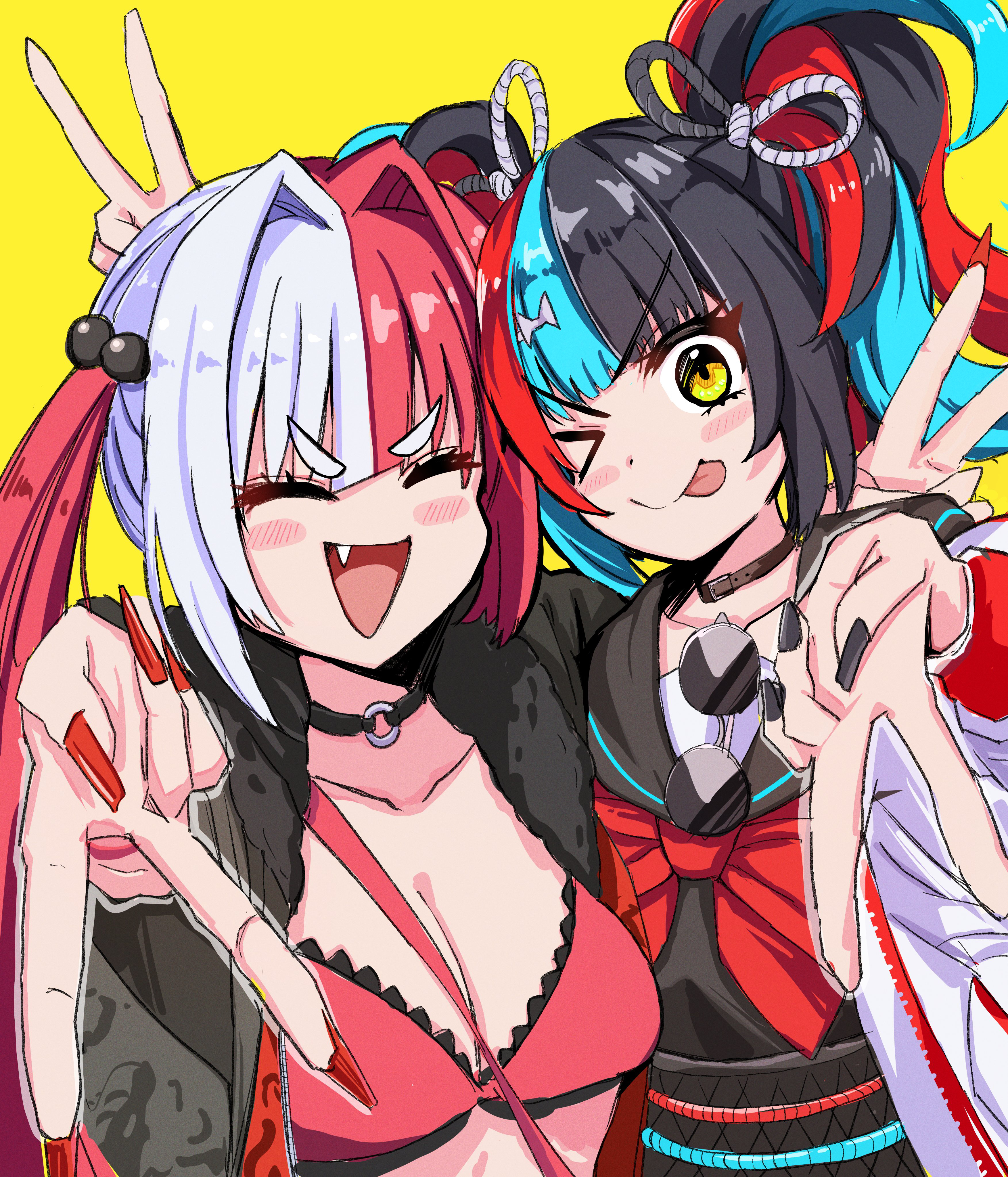 matsunaga hitsuhide (fate), sei shounagon (fate), sei shounagon (first ascension) (fate), fate/grand order, fate (series), absurdres, highres, > o, 2girls, black nails, blush stickers, breasts, choker, cleavage, double v, fang, multicolored hair, multiple girls, notonaon, o-ring, o-ring choker, one eye closed, red nails, sunglasses, tongue, tongue out, twintails, v, yellow background, yellow eyes