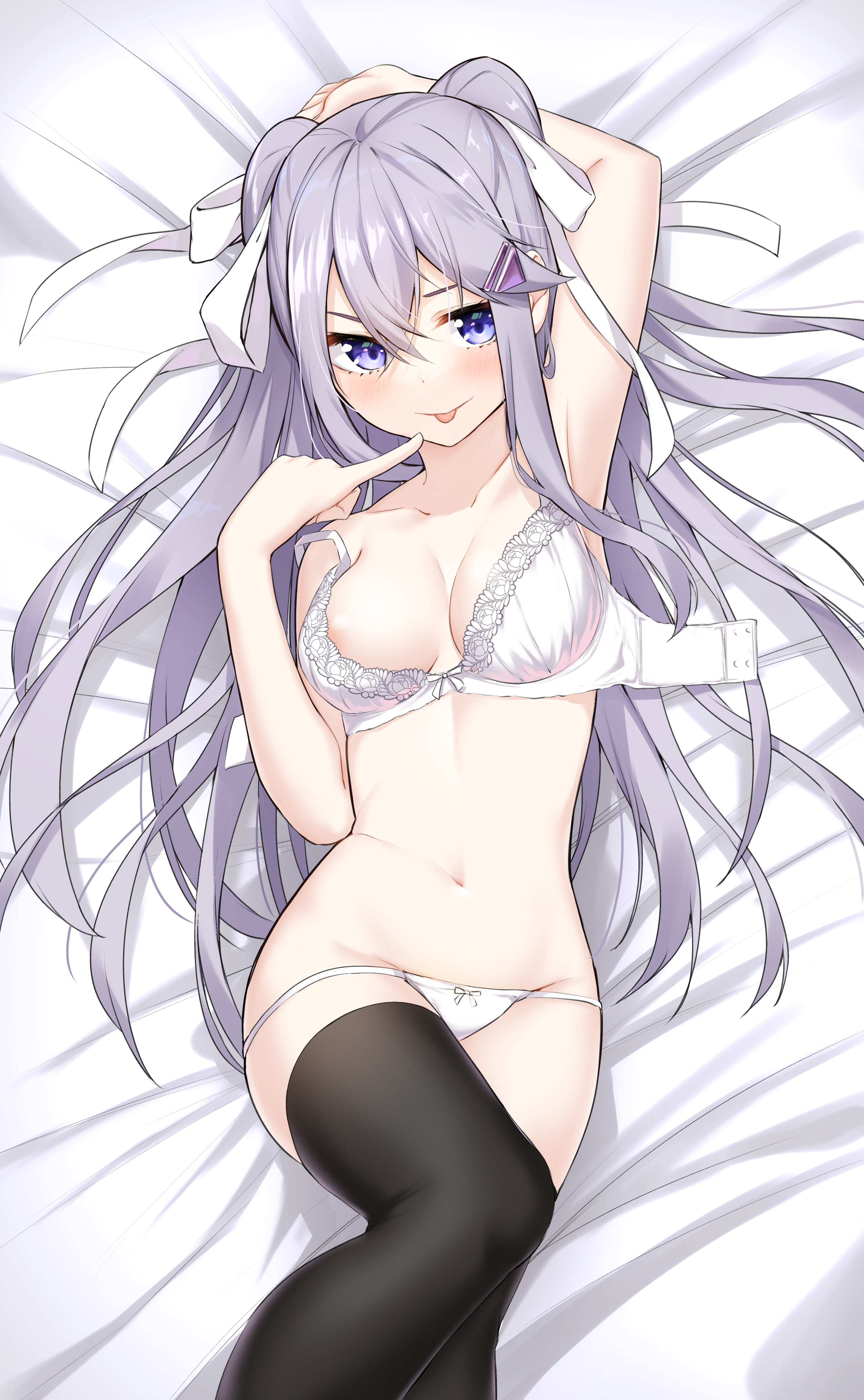 sahara386, shiroi shizuku, kamikakushi no eden, absurdres, commentary request, highres, 1girl, black thighhighs, bra, breasts, dakimakura (medium), feet out of frame, grey hair, hair ornament, hair ribbon, hairclip, long hair, looking at viewer, lying, medium breasts, navel, on back, panties, purple eyes, ribbon, solo, stomach, thighhighs, tongue, tongue out, underwear, underwear only, undone bra, white bra, white panties, white ribbon