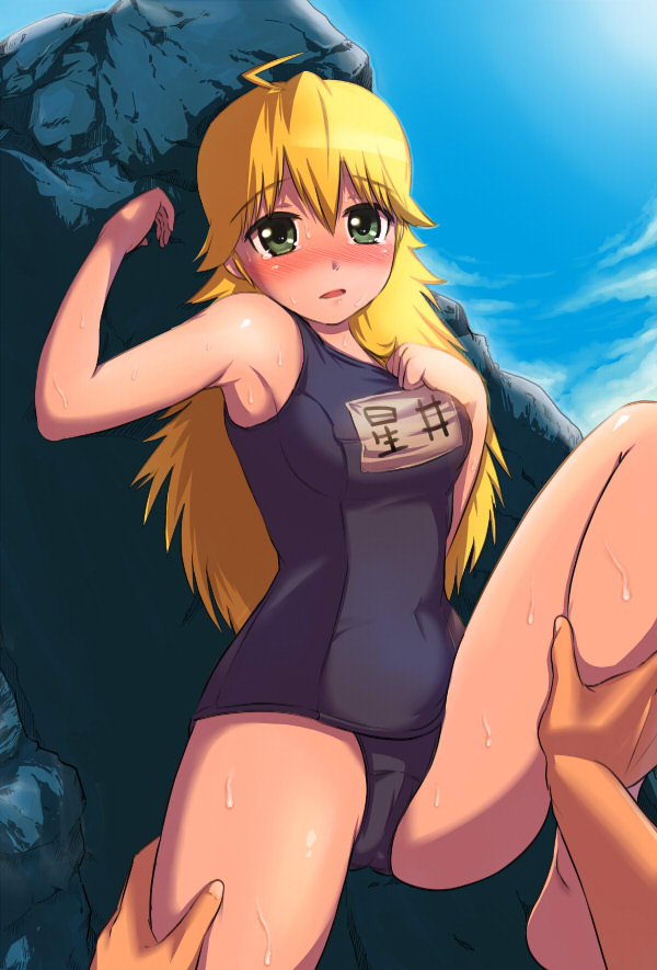 maruwa tarou, hoshii miki, idolmaster, idolmaster (classic), 00s, 1girl, blonde hair, blush, female focus, green eyes, long hair, one-piece swimsuit, school swimsuit, solo, sweat, swimsuit, tears, wet