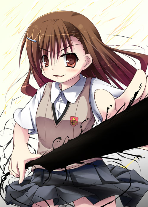tekehiro, misaka mikoto, toaru kagaku no railgun, toaru majutsu no index, 00s, brown eyes, brown hair, electricity, electrokinesis, school uniform, serafuku, solo, tokiwadai school uniform