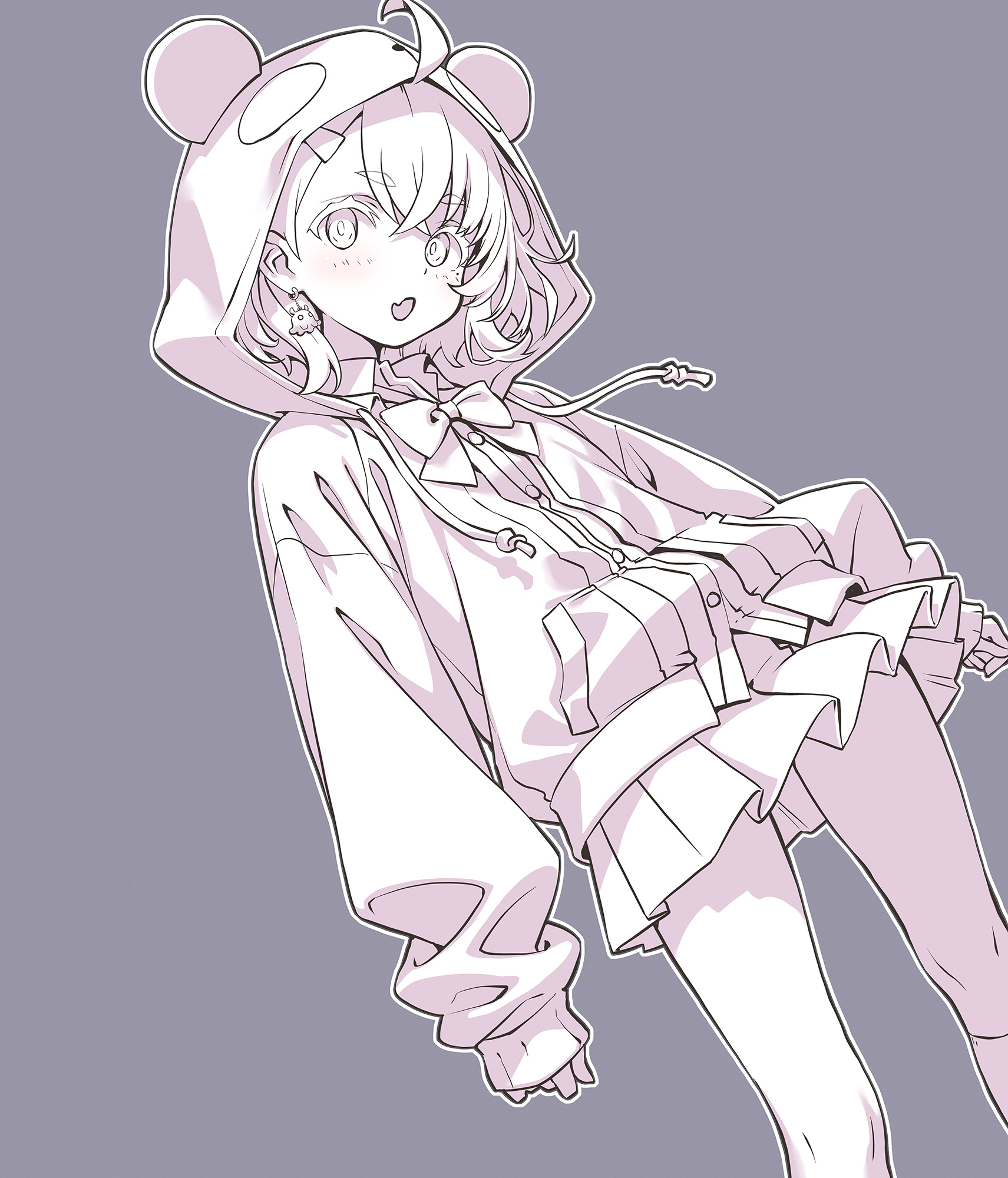 sakuya tsuitachi, sasaki saku, sasaki saku (1st costume), nijisanji, commentary request, highres, revision, 1girl, ahoge, animal ears, animal hood, blush, bow, collared shirt, drawstring, dress shirt, earrings, fake animal ears, fang, grey background, greyscale, hair between eyes, hair ornament, hairclip, hood, hood up, hooded jacket, jacket, jewelry, long sleeves, looking at viewer, monochrome, open mouth, panda ears, panda hood, pleated skirt, puffy long sleeves, puffy sleeves, shirt, short eyebrows, simple background, skirt, sleeves past wrists, solo, thick eyebrows, virtual youtuber