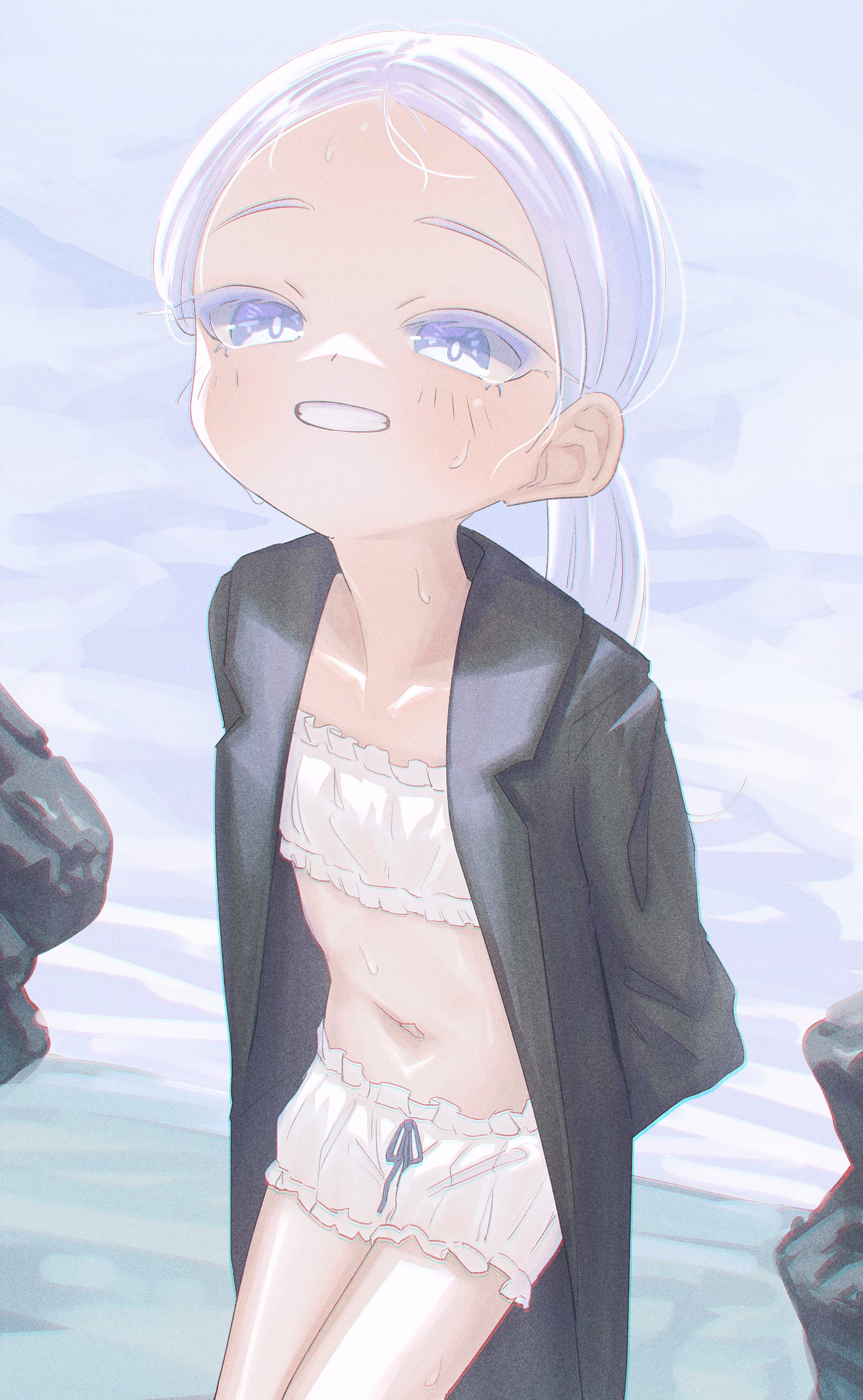 captaintcher, original, absurdres, highres, 1girl, arms behind back, bloomers, blue eyes, bra, coat, flat chest, long hair, looking at viewer, navel, open clothes, open coat, outdoors, ponytail, sketch, smile, solo, underwear, white bloomers, white bra, white hair