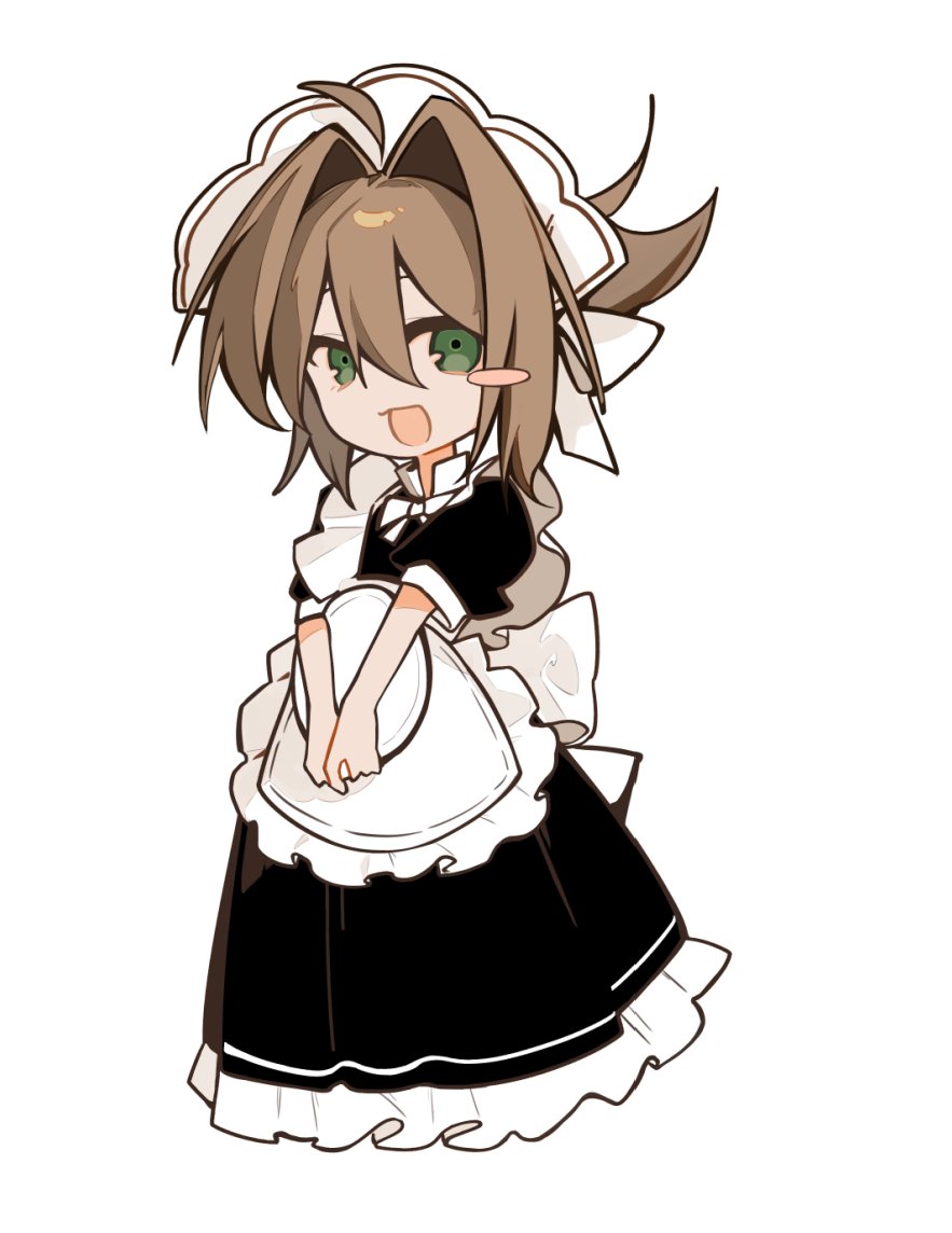 visinss, tachibana kimika, subarashiki hibi, 1girl, :d, ahoge, alternate costume, apron, black dress, blush stickers, bow, bowtie, deformed, dress, frilled apron, frilled dress, frills, full body, green eyes, hair between eyes, hair intakes, holding, holding tray, looking at viewer, maid, maid headdress, open mouth, own hands together, short hair, short sleeves, sidelocks, simple background, single blush sticker, smile, solo, tray, v arms, white apron, white background, white bow, white bowtie
