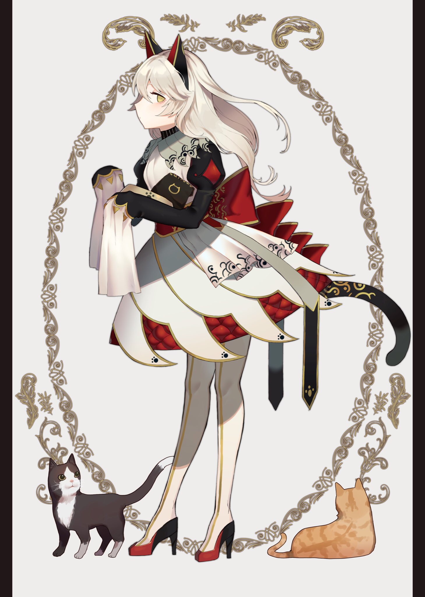shibainu, original, commentary request, highres, 1girl, animal ears, black border, black shoes, border, cat, cat ears, cat girl, cat tail, dress, full body, grey background, high heels, juliet sleeves, letterboxed, long hair, long sleeves, multicolored shoes, pantyhose, profile, puffy sleeves, red shoes, shoes, sleeves past fingers, sleeves past wrists, solo, standing, tail, two-tone pantyhose, two-tone shoes, white hair, white pantyhose, yellow eyes, yellow pantyhose