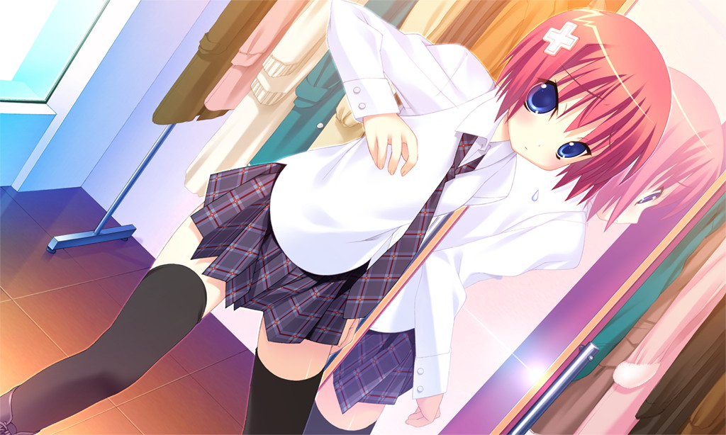kannagi rei, azel, twinkle crusaders, stance, game cg, non-web source, 1girl, black thighhighs, blue eyes, blush, dutch angle, female focus, glasses, hair ornament, mirror, necktie, red hair, reflection, short hair, skirt, solo, sweatdrop, thighhighs, zettai ryouiki