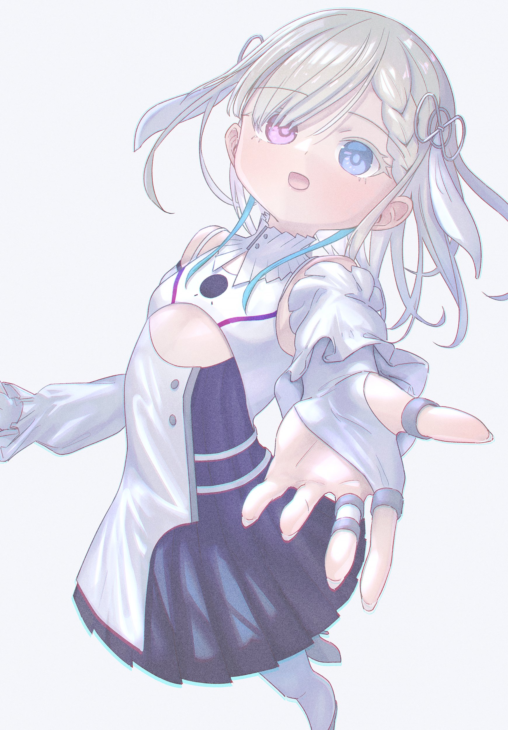 captaintcher, isekaijoucho, kamitsubaki studio, absurdres, highres, 1girl, bare shoulders, blue eyes, braid, braided bangs, detached sleeves, dress, flat chest, grey hair, heterochromia, jewelry, pink eyes, reaching, reaching towards viewer, ring, solo