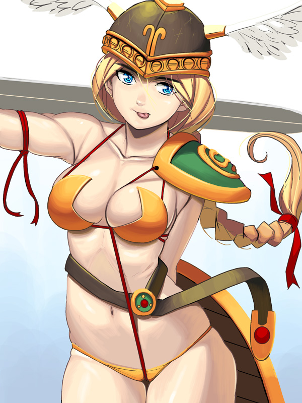 kouno (masao), valkyrie (vnd), valkyrie no densetsu, bad id, bad pixiv id, 1girl, :p, armband, armor, belt, bikini, bikini armor, blonde hair, blue eyes, braid, breasts, cameltoe, cowboy shot, female focus, helm, helmet, medium breasts, orange bikini, panties, shield, single braid, solo, swimsuit, sword, thong, tongue, tongue out, underwear, valkyrie, weapon, wedgie, winged helmet, wings