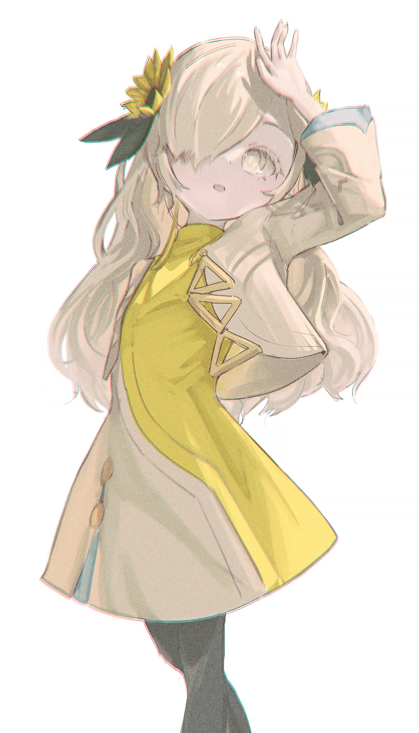 captaintcher, isekaijoucho, kamitsubaki studio, absurdres, highres, 1girl, arm up, black pantyhose, blonde hair, dress, flower, hair flower, hair ornament, hair over one eye, long hair, looking at viewer, pantyhose, solo, sunflower, yellow eyes