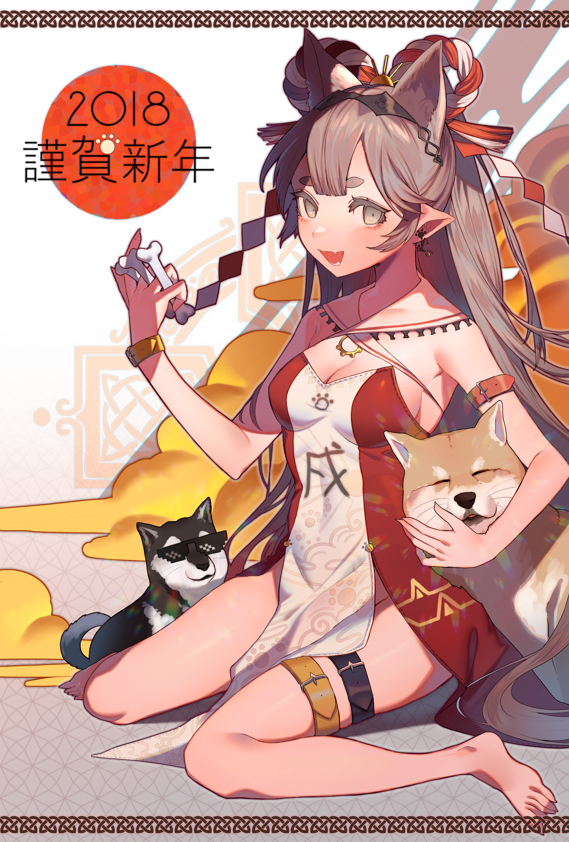 shibainu, original, absurdres, commentary request, highres, translation request, 1girl, 2018, :d, animal ears, barefoot, bone, breasts, brown eyes, brown hair, center-flap bangs, chinese zodiac, deal with it (meme), dog, dog ears, dress, fang, long hair, meme, multicolored dress, new year, open mouth, pointy ears, short eyebrows, smile, solo, sunglasses, very long hair, year of the dog