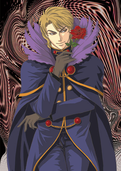 lullva, dio brando, jojo no kimyou na bouken, 1boy, blonde hair, brown eyes, cape, coat, feathers, flower, gloves, male focus, rose, smile, solo