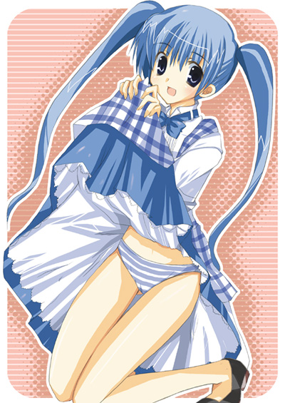 non-web source, 1girl, apron, blue eyes, blue hair, clothes lift, dress, dress lift, female focus, kobeya uniform, long hair, matching hair/eyes, panties, plaid apron, plaid clothes, solo, striped clothes, striped panties, twintails, underwear, waitress