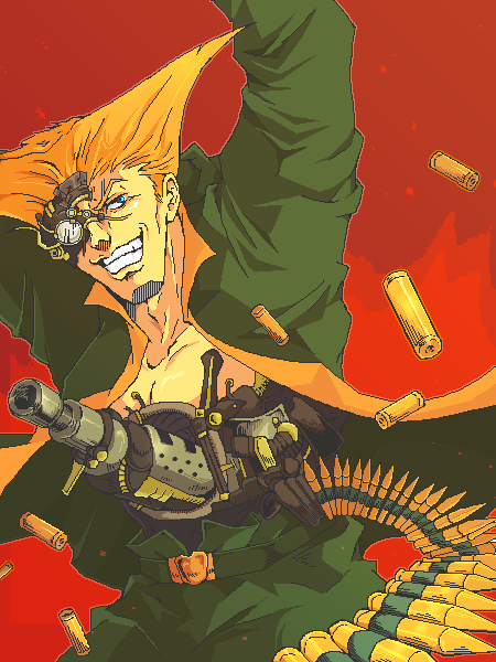 areri, rudolph von stroheim, jojo no kimyou na bouken, uniform, arms up, belt, blonde hair, blue eyes, bullet, cyborg, flattop, grin, gun, jacket, male focus, nazi, open clothes, open jacket, science, shell casing, smile, solo, weapon