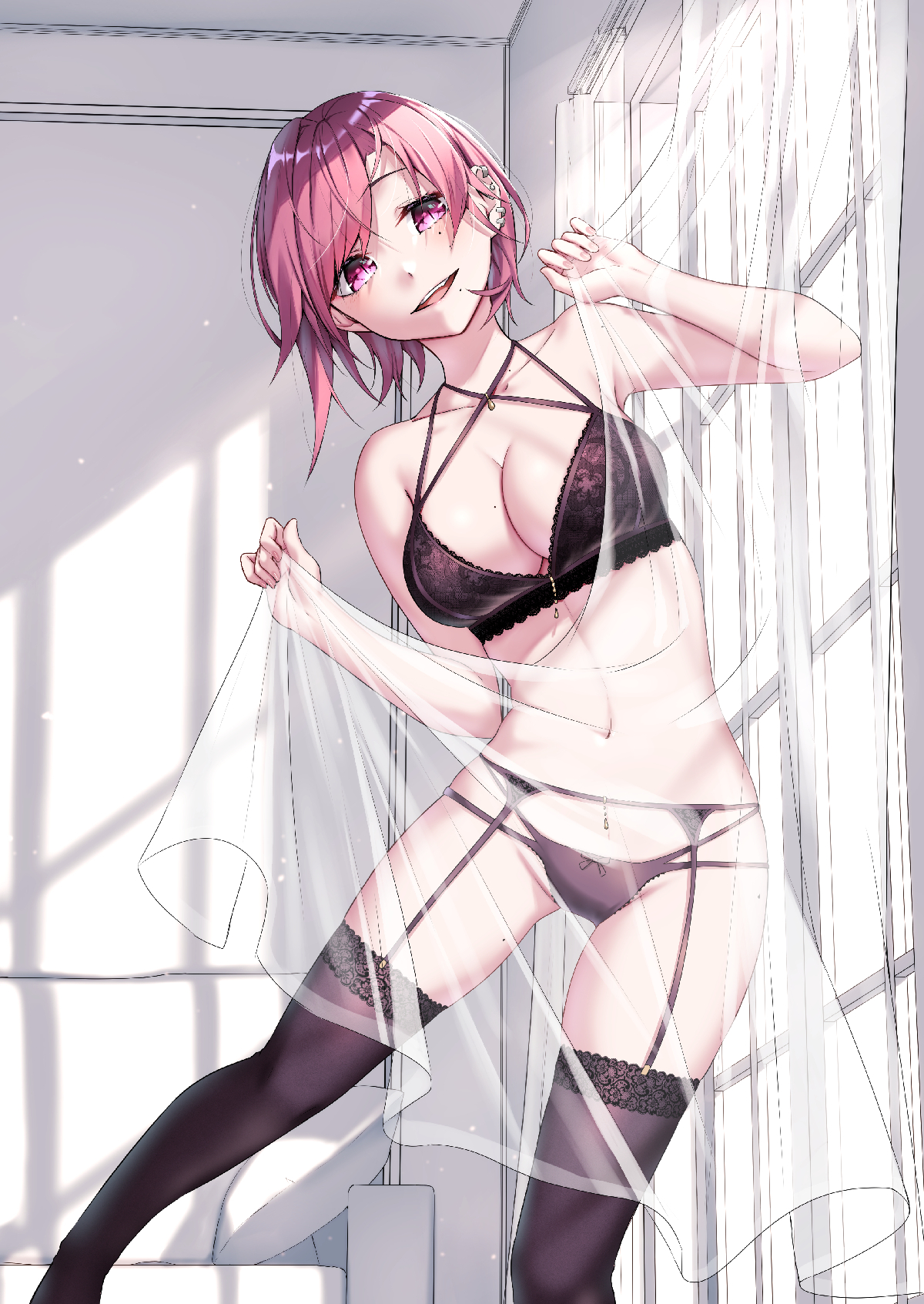 sahara386, hebizono kyouko, kamikakushi no eden, commentary request, highres, 1girl, black bra, black garter belt, black panties, black thighhighs, bra, breasts, cleavage, curtain grab, curtains, garter belt, indoors, lace, lace-trimmed thighhighs, lace trim, large breasts, lingerie, looking at viewer, navel, open mouth, panties, pink eyes, pink hair, short hair, slit pupils, smile, solo, stomach, thighhighs, underwear