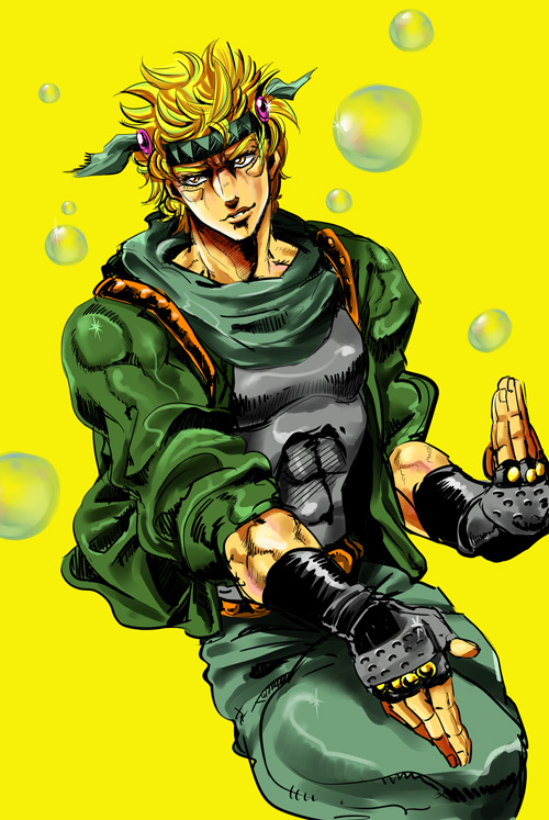 abitu, caesar anthonio zeppeli, battle tendency, jojo no kimyou na bouken, 1boy, belt, blonde hair, bubble, fingerless gloves, gloves, green jacket, headband, jacket, male focus, orange eyes, shirt, solo, tight shirt