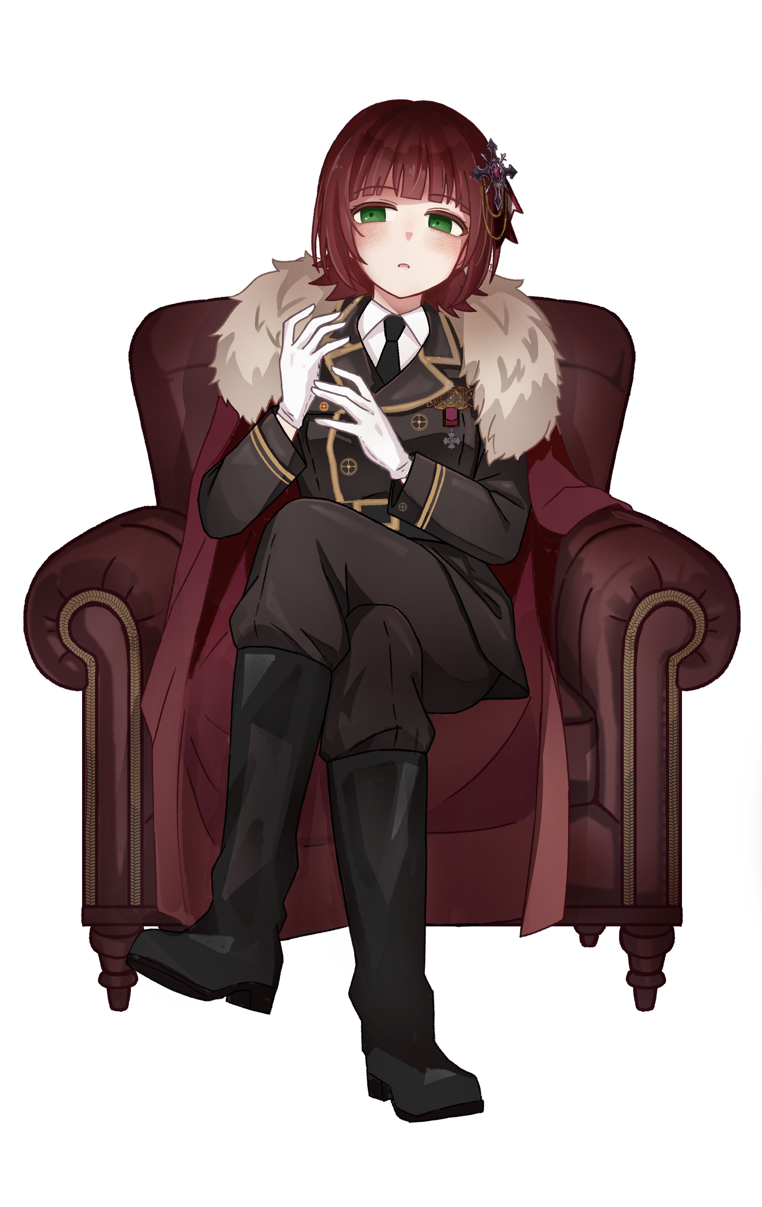 chiwawa174, amami haruka, idolmaster, idolmaster (classic), absurdres, highres, 1girl, armchair, black boots, boots, brown hair, chair, cloak, crossed legs, fur-trimmed cloak, fur trim, gloves, green eyes, grey jacket, grey pants, jacket, knee boots, long sleeves, looking at viewer, military dress uniform, military uniform, on chair, pants, red cloak, short hair, simple background, sitting, solo, white background, white gloves