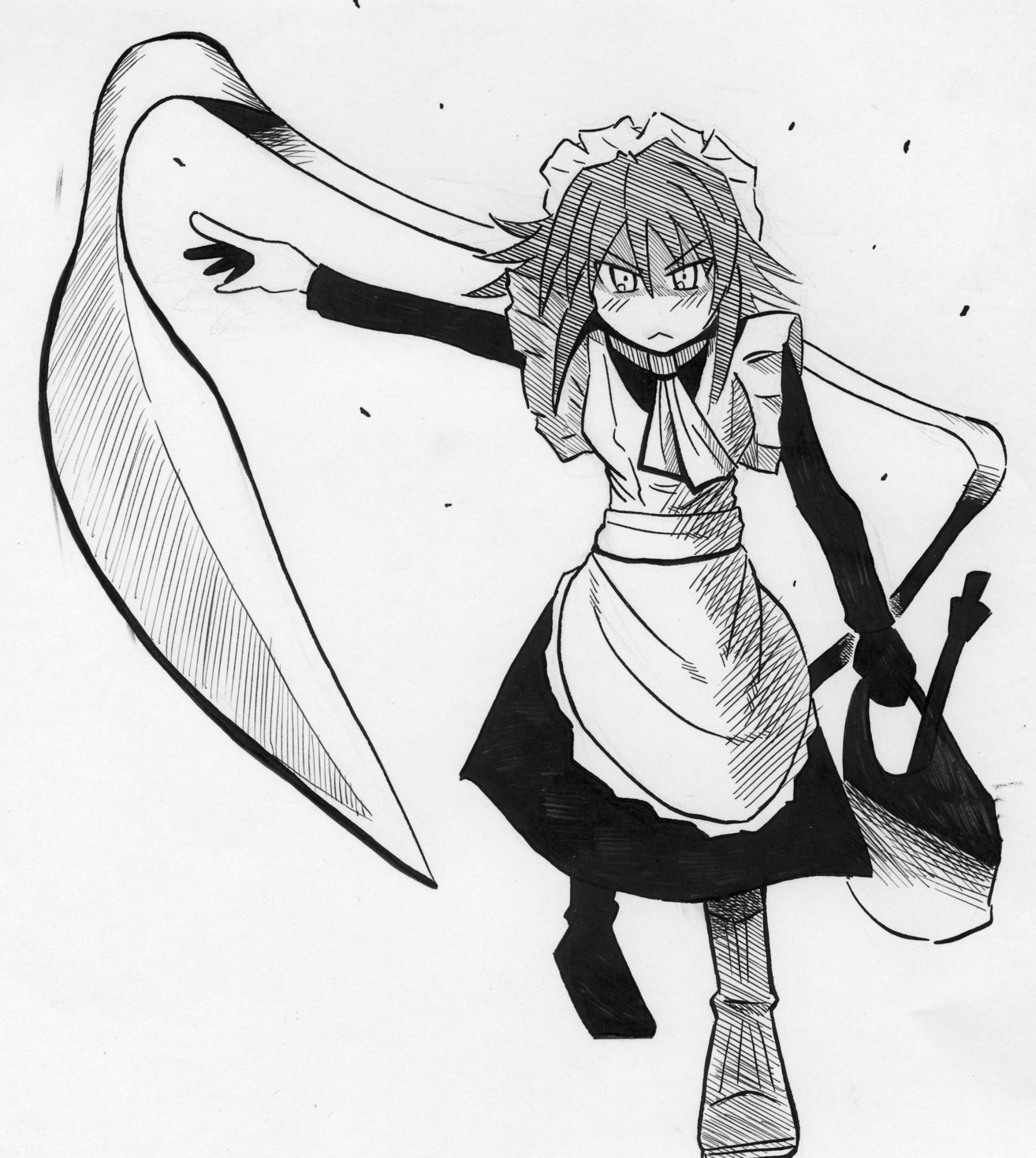 wilhelmina carmel, shakugan no shana, blade, highres, non-web source, 00s, greyscale, maid, monochrome, short hair, solo