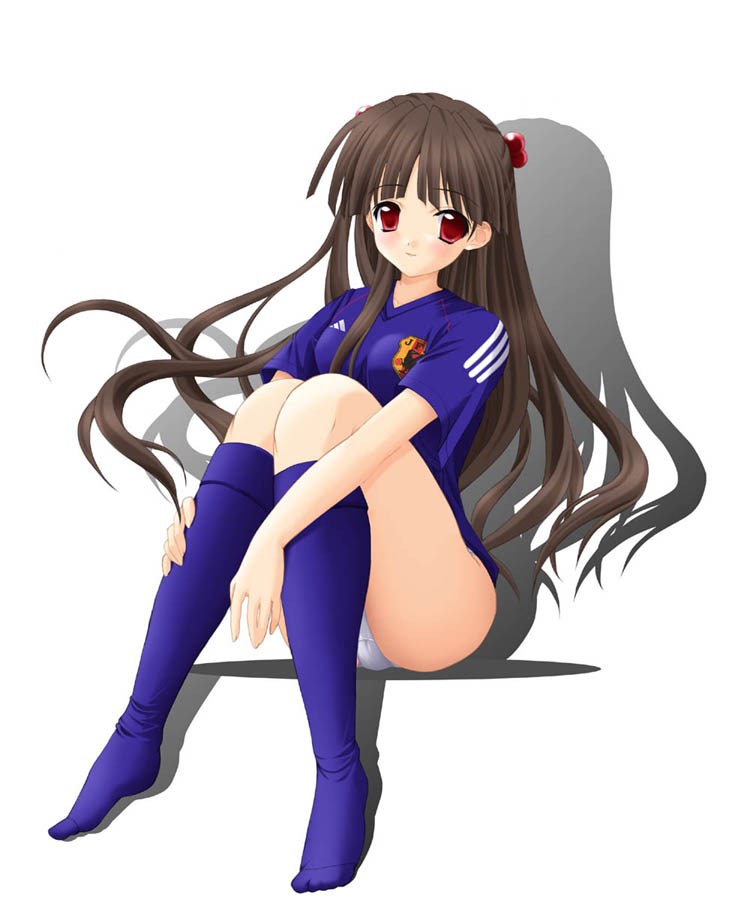 non-web source, brown hair, long hair, panties, red eyes, soccer uniform, socks, solo, sportswear, underwear