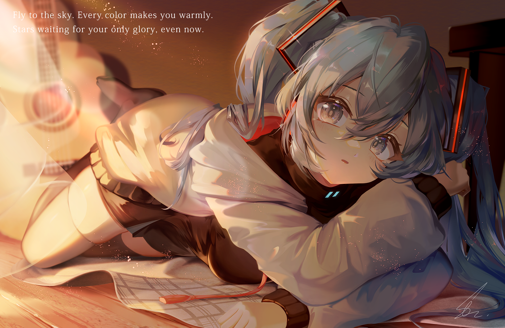 saihate (d3), hatsune miku, vocaloid, commentary request, highres, 1girl, acoustic guitar, black dress, blurry, blurry background, breasts, depth of field, drawstring, dress, english text, grey eyes, grey hair, guitar, hair between eyes, hood, hood down, hooded jacket, indoors, instrument, jacket, long hair, long sleeves, looking at viewer, medium breasts, open clothes, open jacket, parted lips, puffy long sleeves, puffy sleeves, sidelocks, signature, sleeves past wrists, solo, twintails, white jacket