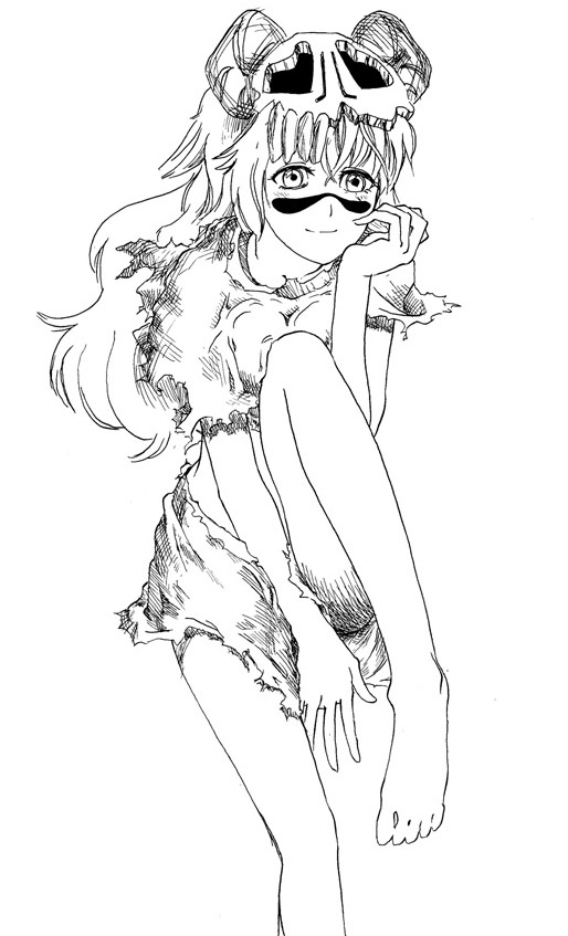 hataori, nelliel tu odelschwanck, bleach, 00s, 1girl, aged up, arrancar, barefoot, facial mark, feet, female focus, greyscale, hollow (bleach), long hair, monochrome, number tattoo, sitting, skirt, skirt tug, skull, smile, solo, tattoo, toes, torn clothes