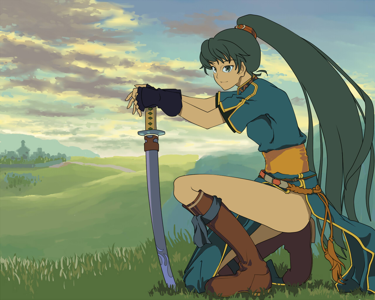 hataori, lyn (fire emblem), fire emblem, fire emblem: the blazing blade, nintendo, 1girl, boots, female focus, field, fingerless gloves, full body, gloves, grass, green eyes, green hair, high ponytail, katana, kneeling, long hair, matching hair/eyes, nature, on one knee, outdoors, ponytail, scenery, side slit, sky, smile, solo, squatting, sword, very long hair, weapon