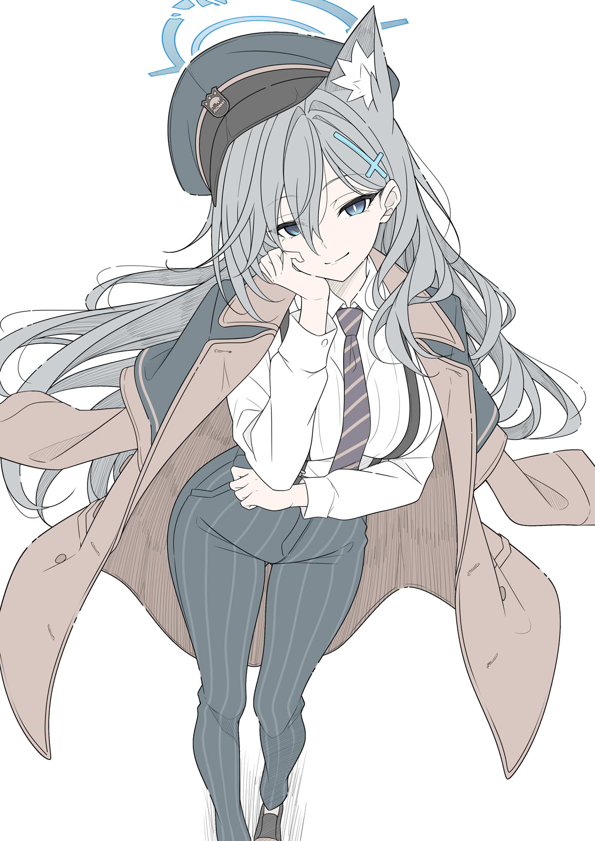 t1kosewad, shiroko terror (blue archive), blue archive, highres, 1girl, alternate costume, black pants, blue eyes, blue hat, bright pupils, brown coat, closed mouth, coat, grey hair, hair between eyes, hat, long hair, looking at viewer, mismatched pupils, necktie, pants, purple necktie, simple background, smile, solo, standing, striped clothes, striped necktie, striped pants, vertical-striped clothes, vertical-striped pants, white background, white pupils