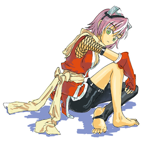 hataori, izuna (gouma reifuden izuna), gouma reifuden izuna, 1girl, barefoot, feet, female focus, fishnets, full body, gloves, goggles, japanese clothes, ninja, pink hair, short hair, sitting, soles, solo, toeless legwear, toes