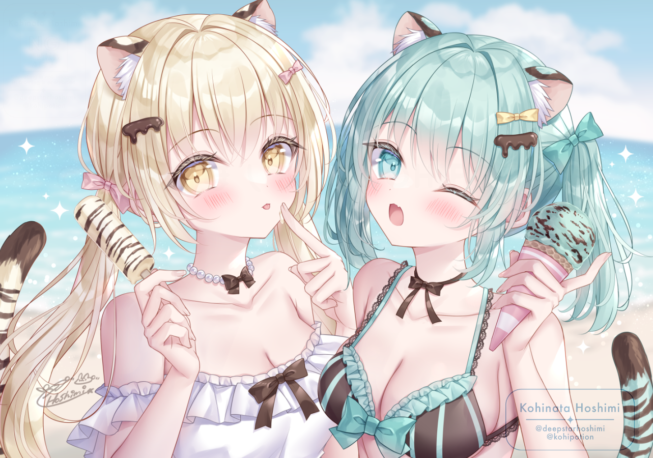 kohinata hoshimi, original, commentary request, 2girls, animal ear fluff, animal ears, bare shoulders, beach, bikini, blonde hair, blue bikini, blue eyes, blue hair, blue sky, blush, bow, breasts, brown bikini, cat ears, cat girl, cat tail, cleavage, closed mouth, cloud, collarbone, dress, food, frills, hair between eyes, hair bow, hair ornament, holding, holding food, holding ice cream, holding popsicle, ice cream, ice cream cone, long hair, looking at viewer, medium breasts, medium hair, multiple girls, ocean, one eye closed, open mouth, outdoors, popsicle, sky, smile, striped bikini, striped clothes, sundress, swimsuit, tail, tongue, tongue out, twintails, upper body, water, watermark, white dress, yellow eyes