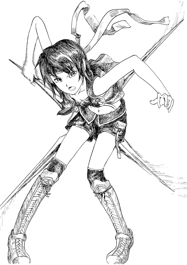 hataori, yuffie kisaragi, final fantasy, final fantasy vii, final fantasy vii advent children, 00s, 1990s (style), 1girl, boots, female focus, greyscale, headband, midriff, monochrome, navel, retro artstyle, short hair, shorts, solo, weapon