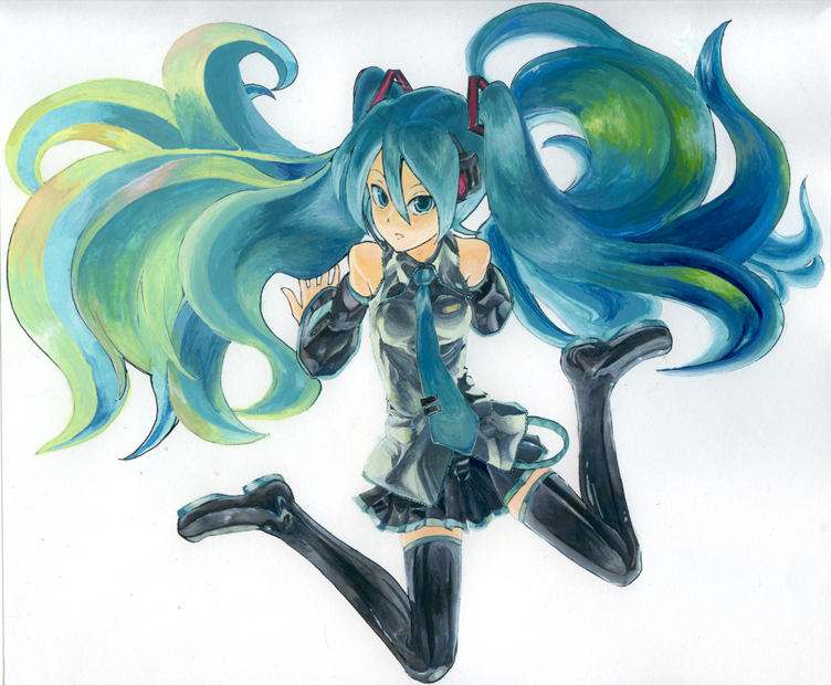 hataori, hatsune miku, vocaloid, arm support, blue eyes, blue hair, detached sleeves, green hair, kneeling, long hair, multicolored hair, necktie, skirt, solo, thighhighs, two-tone hair, very long hair