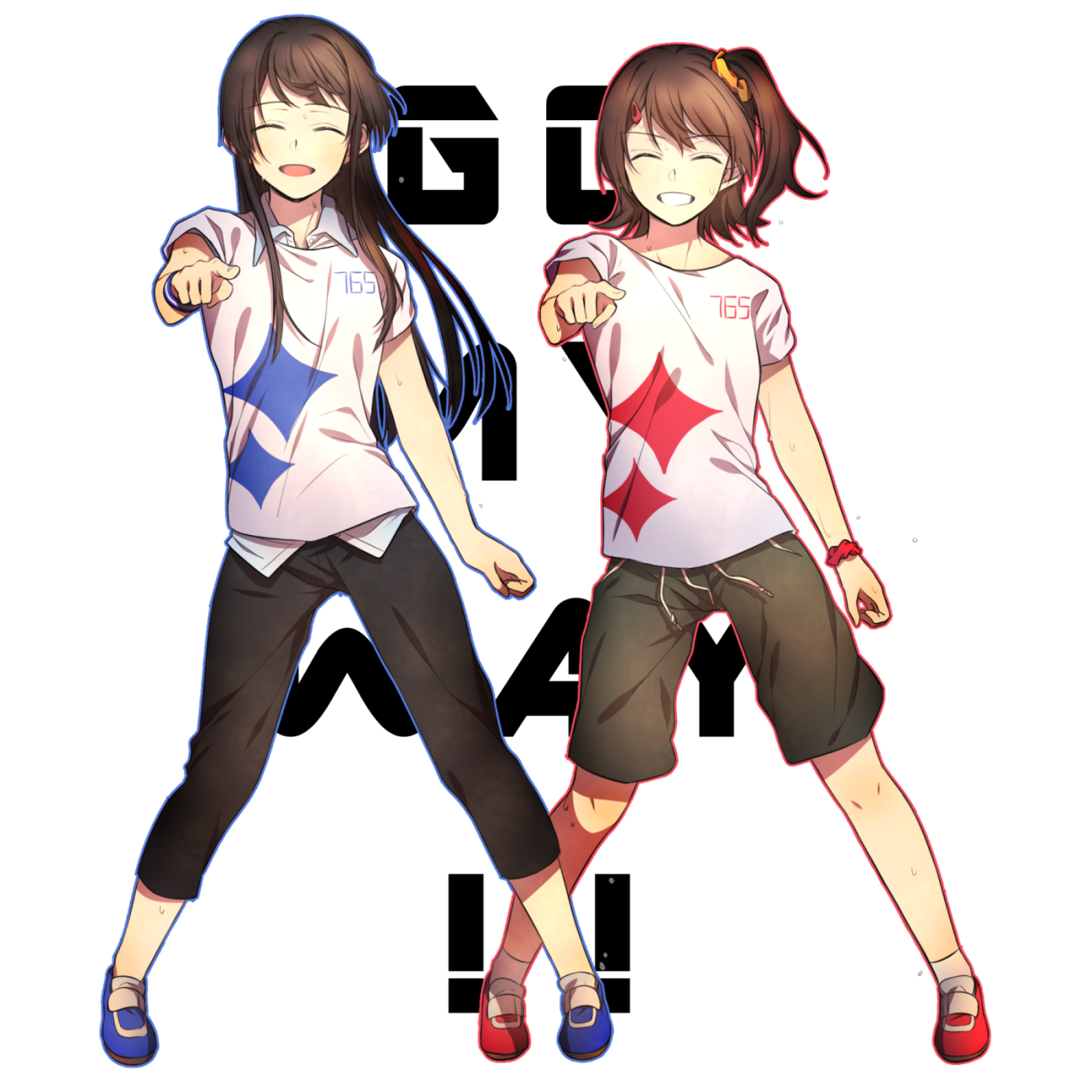 pclbang, kasuga mirai, mogami shizuka, idolmaster, idolmaster million live!, highres, 2girls, black hair, black pants, blue outline, blue shoes, brown hair, closed eyes, facing viewer, floating hair, full body, grey shorts, grin, hair ornament, hair scrunchie, hairclip, long hair, multiple girls, one side up, open mouth, outline, outstretched arm, pants, print shirt, red outline, red shoes, scrunchie, shirt, shoes, short hair, short sleeves, shorts, side-by-side, simple background, smile, standing, white background, white shirt