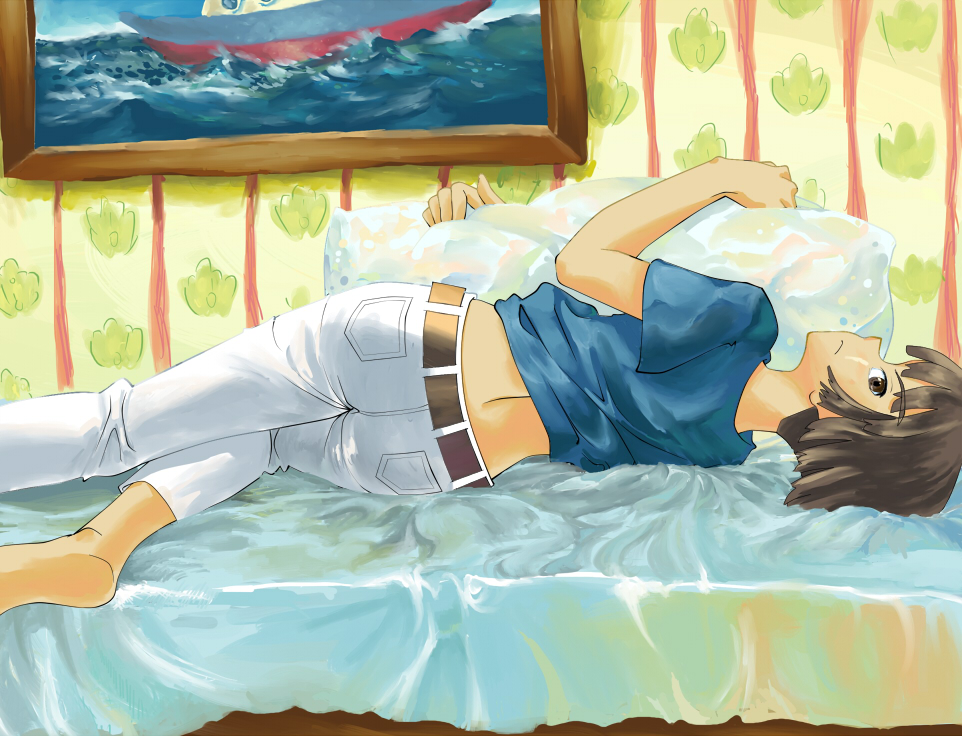 hataori, lisa (ponyo), ponyo, gake no ue no ponyo, studio ghibli, 00s, 1girl, angry, ass, back, bed, brown eyes, brown hair, child, denim, female focus, jeans, looking back, lying, mature female, pants, pillow, short hair, solo