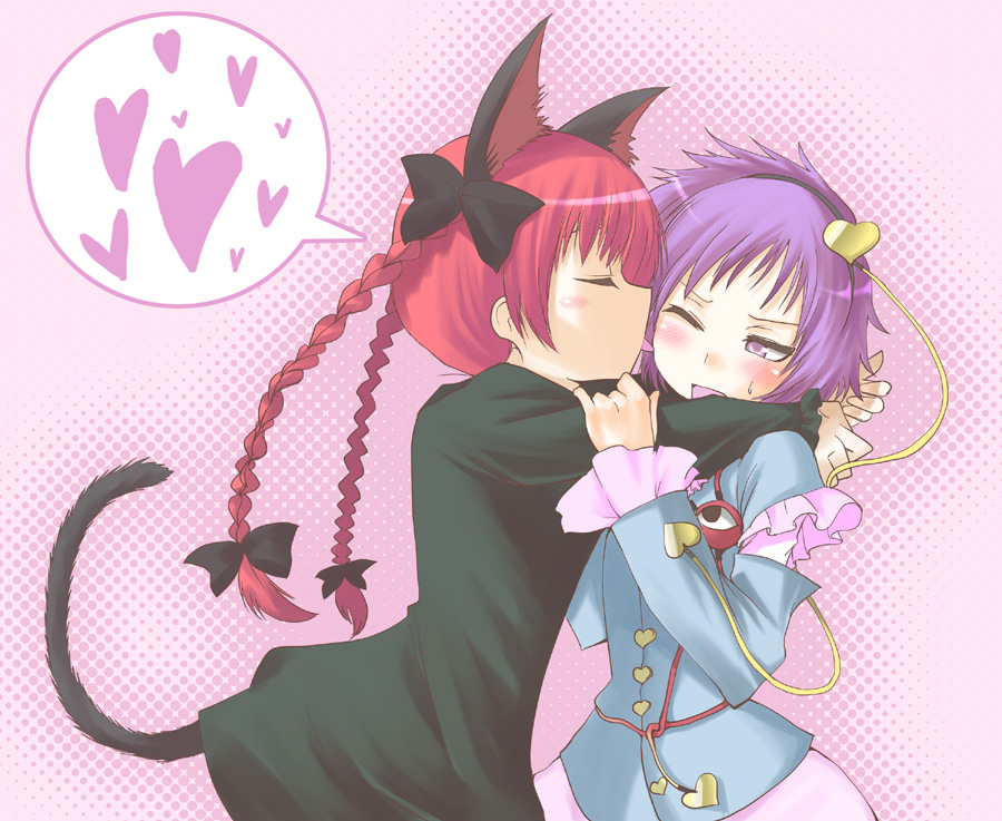 hane (hanegoya), kaenbyou rin, komeiji satori, touhou, 2girls, animal ears, blush, braid, cat ears, cat girl, cat tail, female focus, halftone, halftone background, licking, multiple girls, one eye closed, pink hair, red hair, ribbon, short hair, tail, twintails, wink, yuri